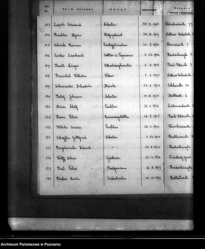 Obraz 19 z jednostki "Stadt Pabianice. Verzeichnis der registvierten Volksdentschen die wälerend der deutsch - polnischen krieges zum polnischen Heereschinst eingezogen bezw. verhaftet, interniert oder verschleppt waren"