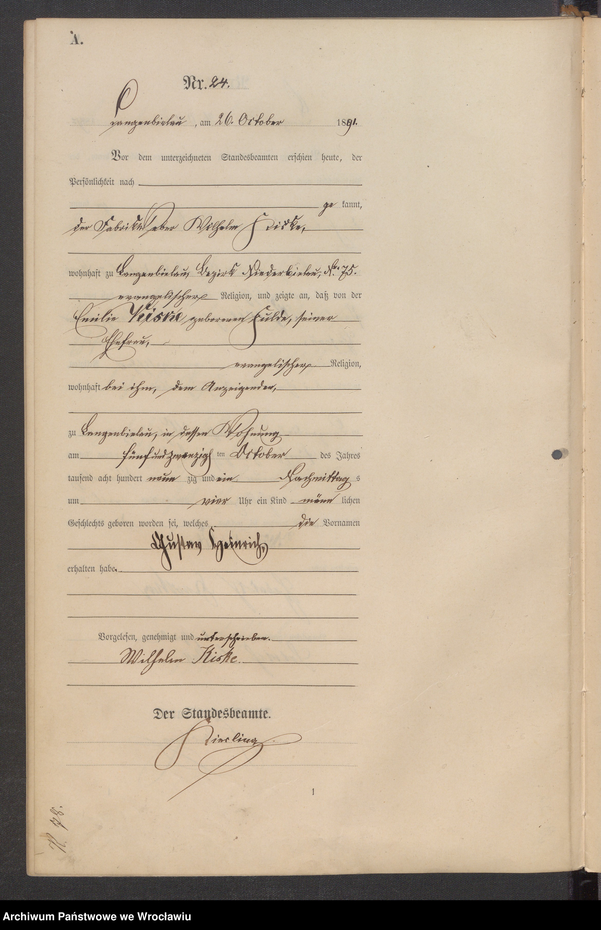 Skan z jednostki: Księga urodzeń Bielawa (Langenbielau) 1891