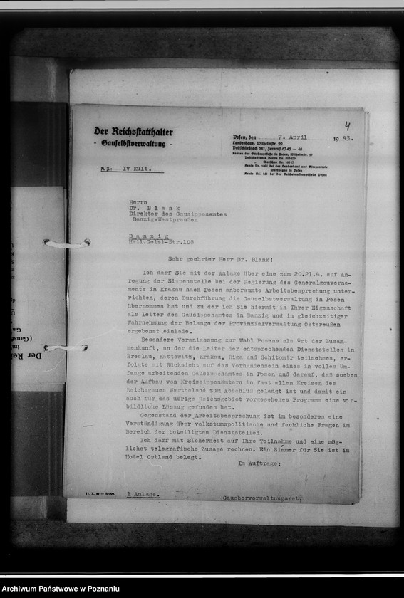 Obraz 8 z jednostki "Tagesordnung zur Arbeitsbesprechung der Sippenamtsleiter aus den Ortsgebieten in Posen [Poznań] [oraz korespondencja]"