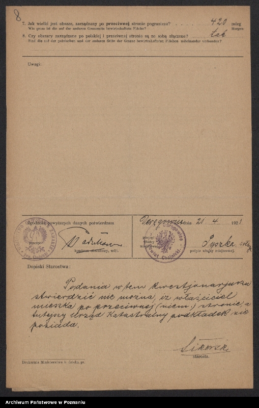 Obraz 8 z jednostki "[Kwestionariusze dotyczące stwierdzenia gruntów znajdujących się po polskiej stronie pogranicza a zarządzanych przez zamieszkałych po stronie niemieckiej] powiat chojnicki"