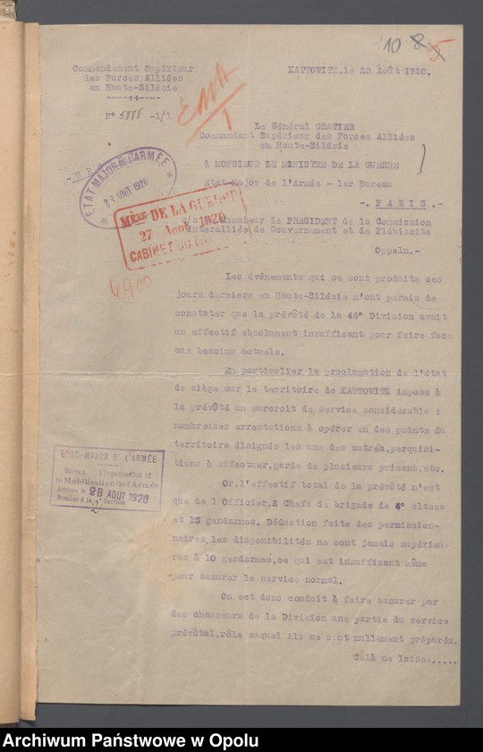 Obraz 12 z jednostki "Recrutement-Effectifs-Renforts-Situations /Korespondencja dotycząca uzupełnień, demobilizacja, wzmocnienie stanów liczebnych oddziałów/ 3.09.1920"