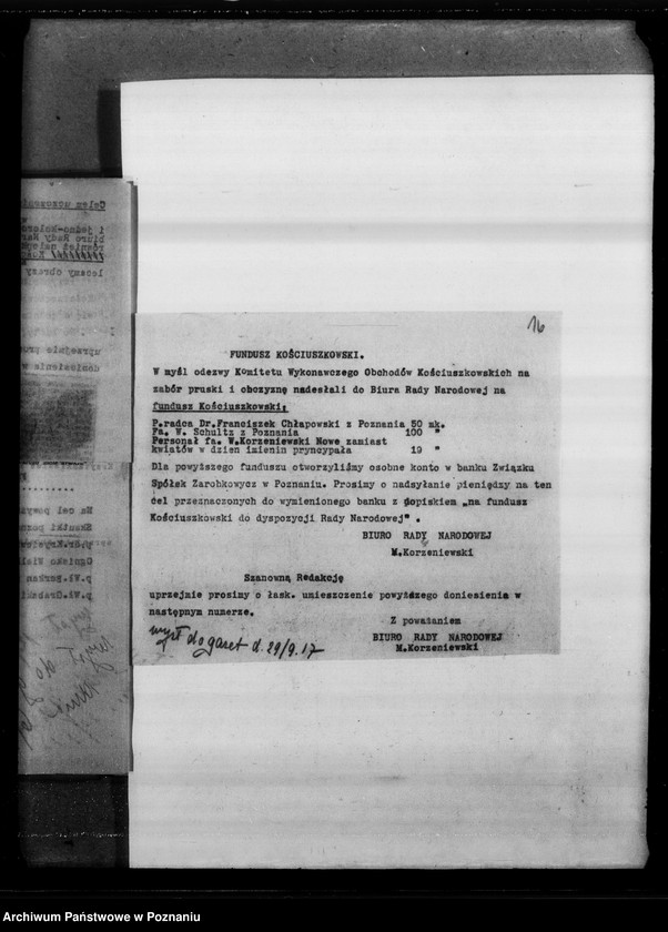 Obraz 19 z jednostki "Potwierdzenie otrzymanych składek pieniężnych na fundusz Kościuszkowski i inne komunikaty związane z funduszem [Wycinki prasowe]"