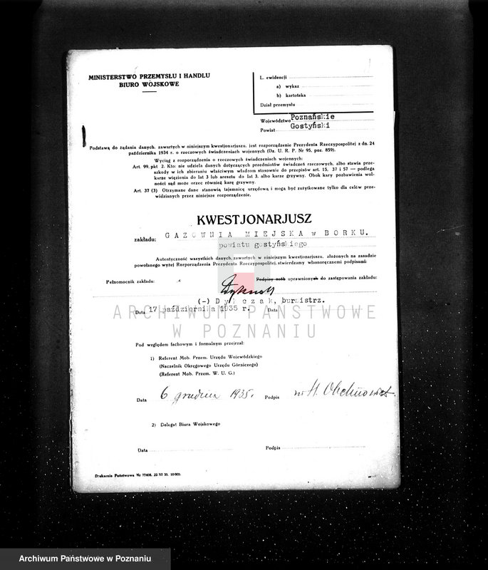 Obraz 5 z jednostki "Kwestionariusz Gazownia Miejska w Borku pow. Gostyń"