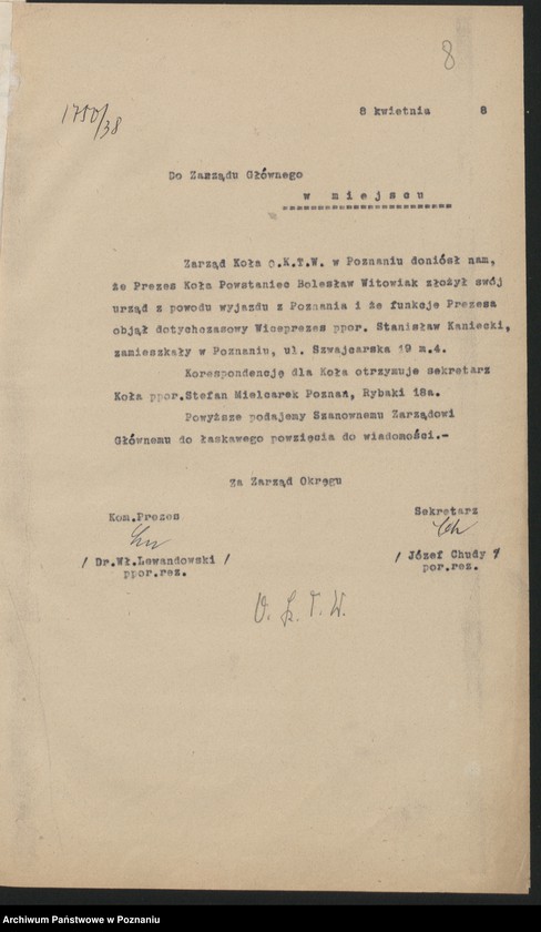 Obraz 11 z jednostki "Koło Obwodowej Komendy Transportu Wojskowego - Poznań korespondencja [Obwodowa Komenda Transportów Wojskowych]"