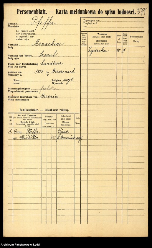 Obraz 18 z jednostki "[Spis ludności Łodzi] Fanelska - Fefer"