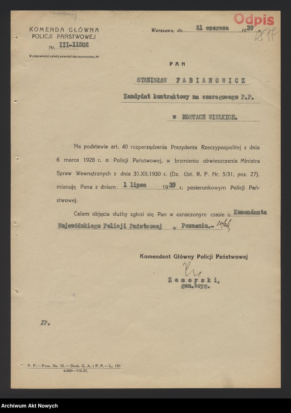 image.from.unit.number "Przydziały nowomianowanych posterunkowych Policji Państwowej w województwie poznańskim. Dekrety mianowania, wykaz, korespondencja."