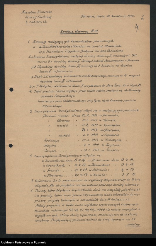 Obraz 8 z jednostki "/Rozkazy dzienne Straży Ludowej byłego Zaboru Pruskiego, przemianowanej następnie na wojsko "Obrony Kraju"/."