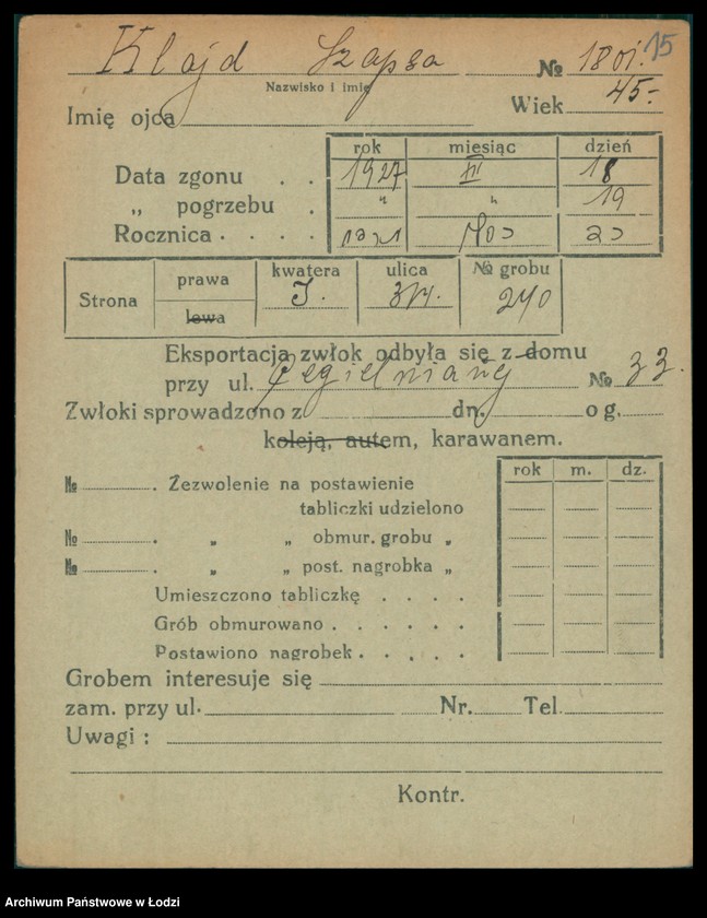 Obraz 16 z jednostki "Kartoteka osób pochowanych na cmentarzu żydowskim przy ulicy Brackiej w latach 1892-1959. Nazwiska na litery: Kl-Kn"