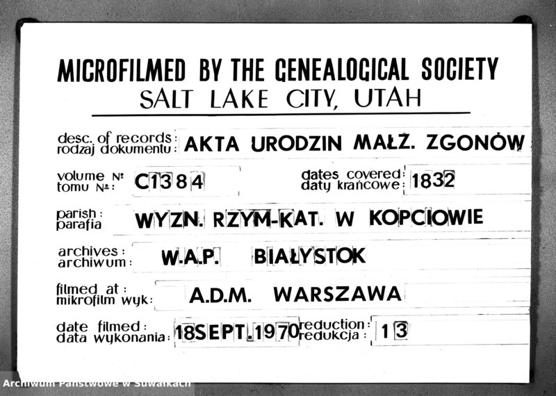 image.from.unit.number "Duplikat Aktów Urodzonych, Zaślubionych i Zeszłych Parafii Kopciowskiey z 1832 Roku."