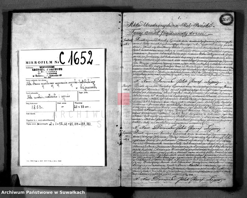 image.from.unit.number "Duplikat aktów urodzenia małżeństw zejscia Parafii Lejpuny R. 1853"
