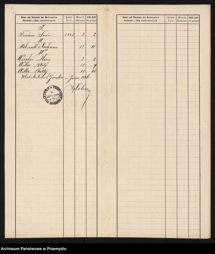 image.from.unit.number "Index zur Trauungmatrik des Jaroslauer Matrikelbezirkes pro 1885"