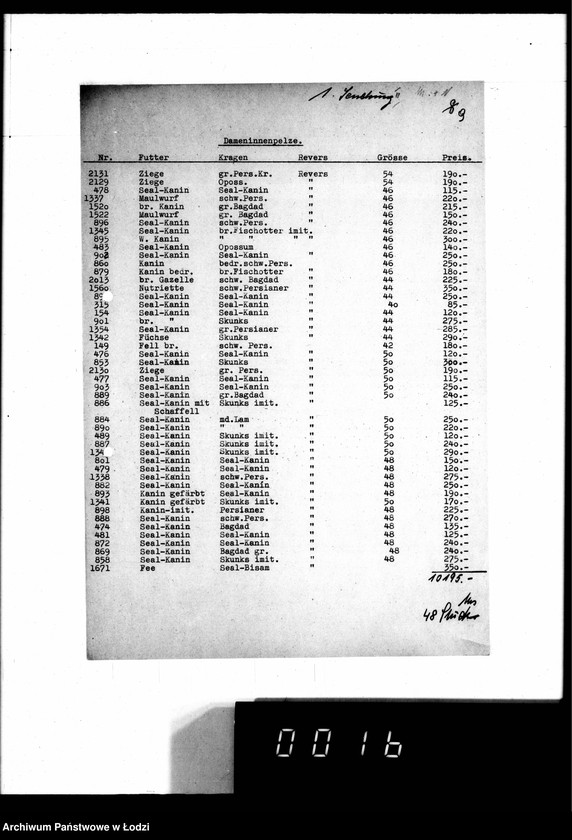 Obraz 14 z jednostki "Lieferscheine, [Zestawienia dostaw i sprzedaży futer]"
