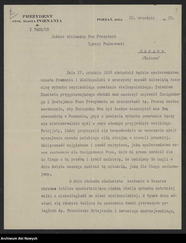 image.from.unit.number "Władze miejskie m. Poznania; Załączniki: a) zaproszenia; b) telegramy C. Ratajskiego (prez. m. Poznania) do E. B. Wilson (żony prez. W. Wilsona) i gen. Pershinga (rękopisy I. Paderewskiego dla C. Ratajskiego); c) telegramy E. B. Wilson, gen. I. Pershing