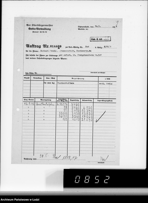 Obraz 13 z jednostki "Aufträge [Lieferscheinen und Rechnungen] 14370-14430 [Dostawy artykułów pierwszej potrzeby do Getta]"