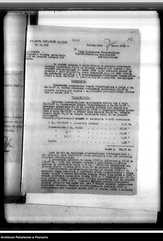 Obraz 18 z jednostki "Sprawa lustracji lasu dóbr Osuchów powiatu kaliskiego oraz sprawa odroczenia terminu zalesienia 3,06 ha gruntów leśnych"