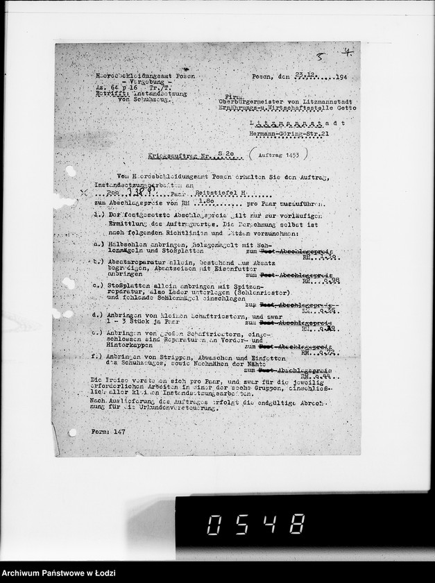 Obraz 9 z jednostki "Heeresbekleidungsamt Posen.Kriegsauftrag S.20/6"