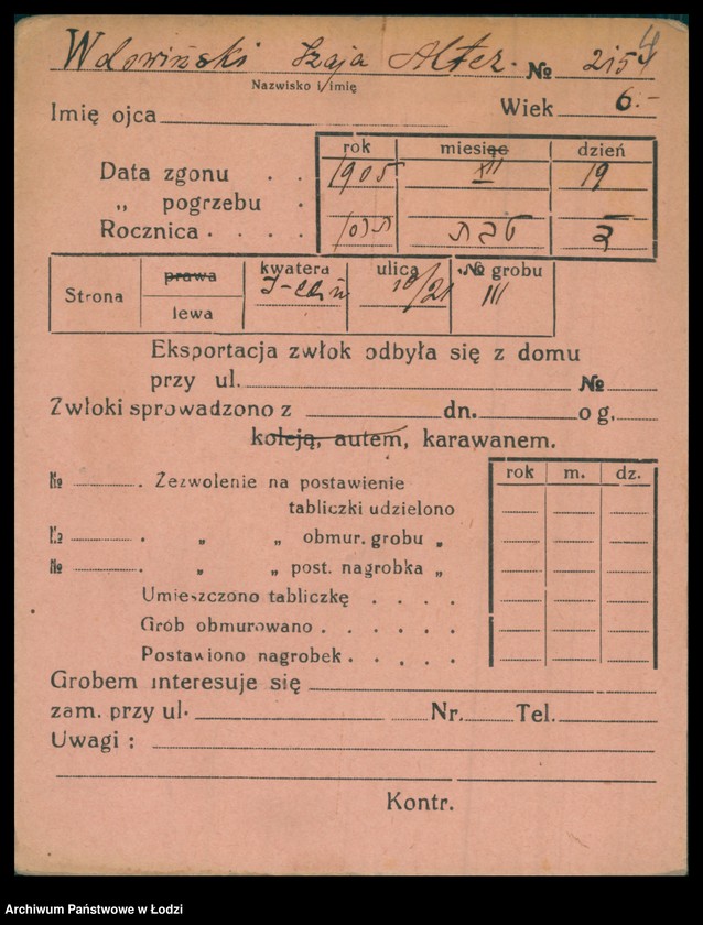 Obraz 5 z jednostki "Kartoteka osób pochowanych na cmentarzu żydowskim przy ulicy Brackiej w latach 1892-1957. Nazwiska na litery: Wd-Wis"