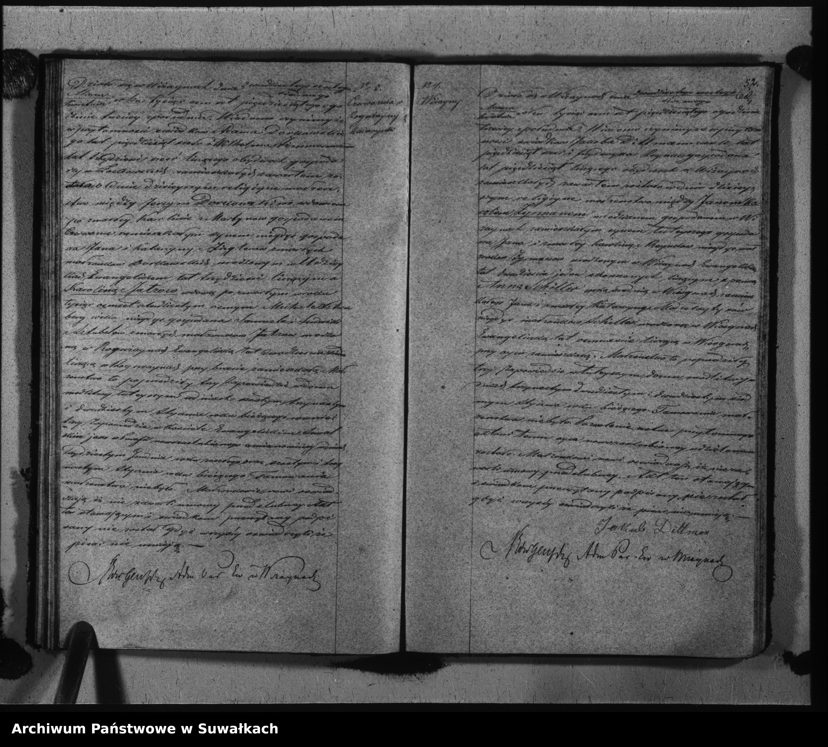 Skan z jednostki: Duplikat do zapisywania aktów Urodzonych, małżeństw i Zeyścia w Parafii Ewangelickiey Wiżayny na rok 1850