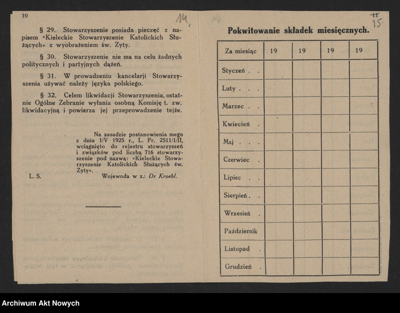 Obraz 13 z jednostki "Obuchowicz Br. (ks., prałat Katedry Kieleckiej, prezes Stowarzyszenia Katolickich Służących św. Zyty); Załączniki: a) Książka Członka i Statut Stowarzyszenia (druk); b) 1 fotografia; L.7"