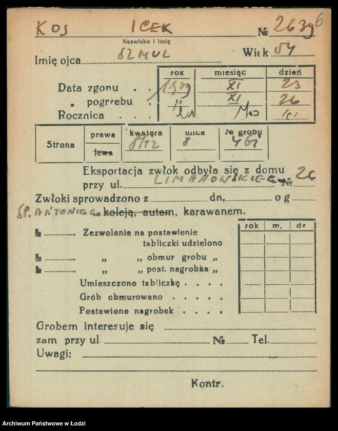Obraz 7 z jednostki "Kartoteka osób pochowanych na cmentarzu żydowskim przy ulicy Brackiej w latach 1892-1959. Nazwiska na litery: Kos-Kra"