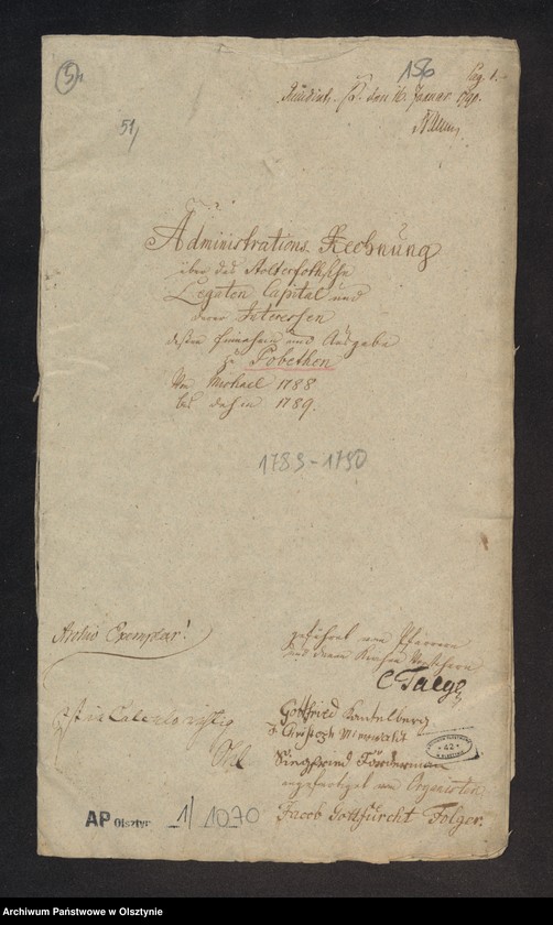 image.from.unit.number "Administrations Rechnung über des Stolterfothsche Legaten Capital und derer Intereßen deßen Einnahme und Ausgabe zu Pobethen von Michael 1788 bis dahin 1789"
