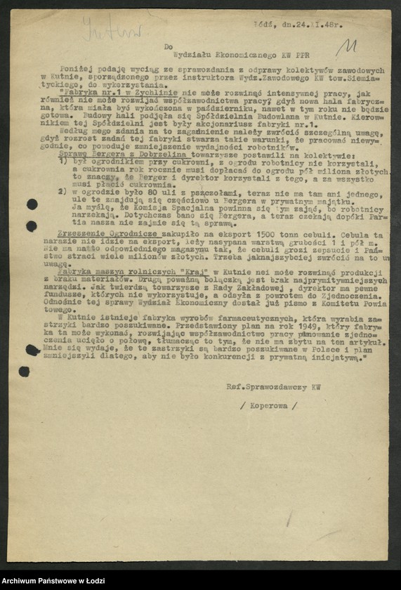 Obraz 12 z jednostki "[Wyciągi] Referatu Sprawozdawczego [dla wydziałów i Komisji Kontroli Partyjnej z protokołów zebrań i sprawozdań instruktorów]"