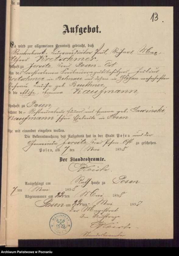 Obraz 15 z jednostki "Die von den Verlobten beigebrachten Urkunden zur Eheschliessung pro 1898"