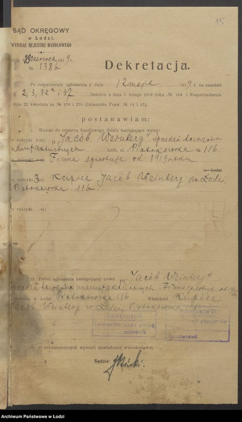 Obraz 17 z jednostki "Jakób Weinberg - sprzedaż towarów manufakturowych"