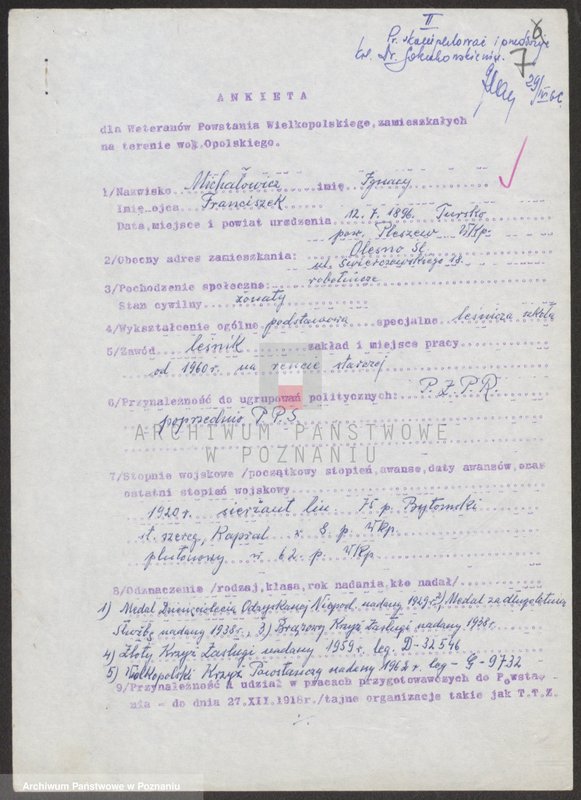 Obraz 18 z jednostki "Ankieta dla weteranów powstania wielkopolskiego zamieszkałych na terenie województwa opolskiego. Część ll."