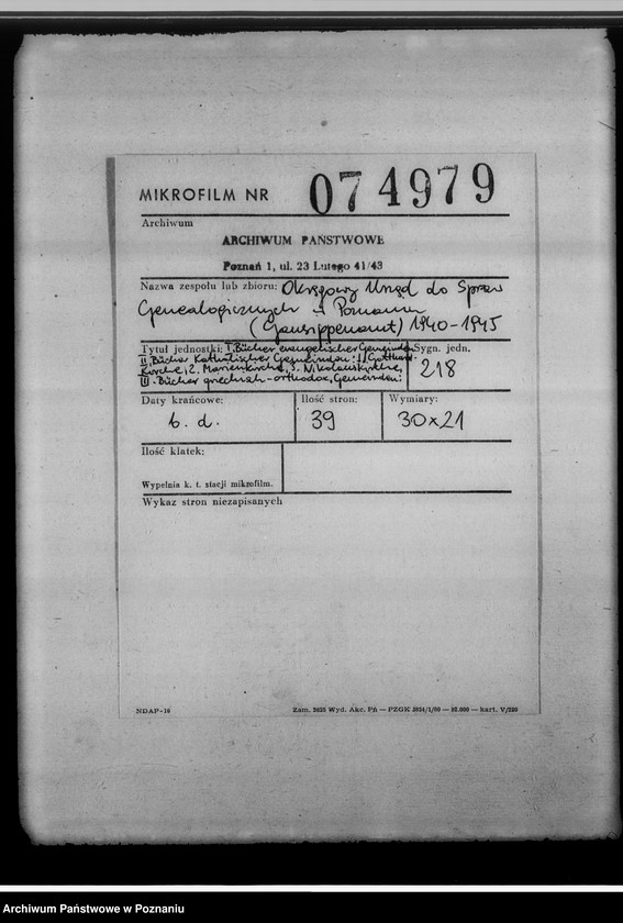 Obraz 2 z jednostki "I. Bücher evangelischer Gemeinden; II. Bücher katholischer Gemeinden: 1. Gotthard-Kirche, 2. Marienkirche, 3. Nikolauskirche; III. Bücher griechisch-orthodox. Gemeinden: 1. Peter-Paulus-Kirche, 2. Ukrainische Kirche; IV. Militärgemeinde; V. Griech.Orthodox. und Baptisten; VI. Griech.Orthodox. und Juden; VII. Adventisten; VIII. Baptisten; IX. Juden; X. Kathol.-protestantische Zivilstandsregister Kalisch-Stadt [z terenu miast Kalisza]. Mikr.074979. Brak datacji, podano daty skrajne zesp."