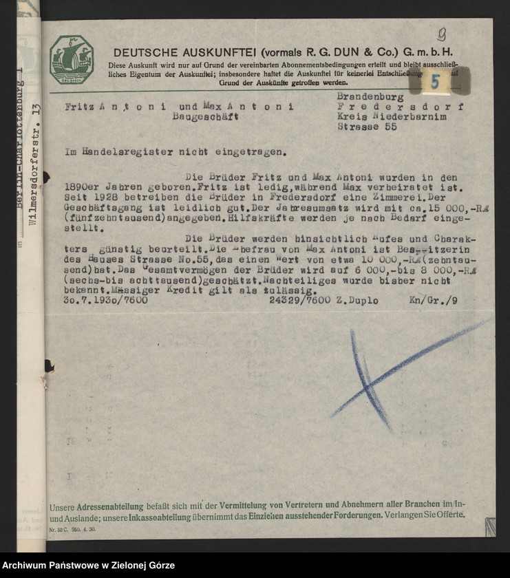 image.from.unit.number "[Informacja przemysłowo-handlowa agencji Deutsche Auskunftei z lat 1926-1932 dot. danych przedsiębiorstw korzystających z usług książęcego urzędu Budowlanego w Żaganiu]"