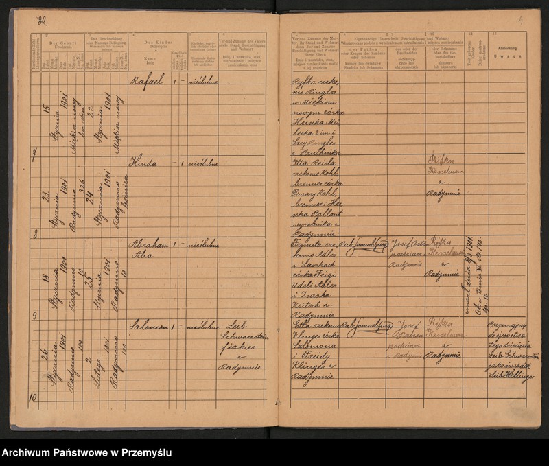 image.from.unit.number "Duplikat metryki urodzin za 1901 rok Urzędu metrykalnego izraelickiego w Radymnie. Tom VIII"