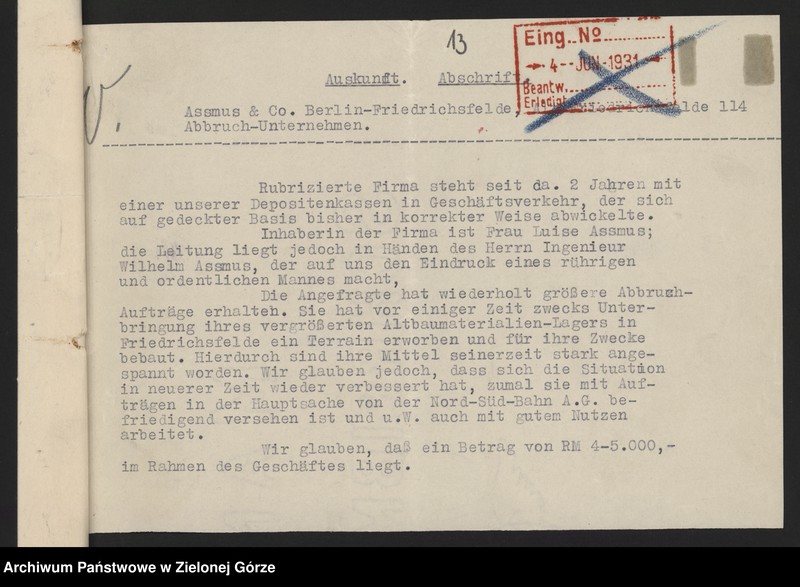 image.from.unit.number "[Informacja przemysłowo-handlowa agencji Deutsche Auskunftei z lat 1926-1932 dot. danych przedsiębiorstw korzystających z usług książęcego urzędu Budowlanego w Żaganiu]"