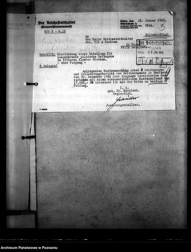 Obraz 7 z jednostki "Einrichtung einer Tbc - Abteilung für lungenkranke, polnische Strafgefangene im früheren Kloster Görchen (Miejska Górka)"