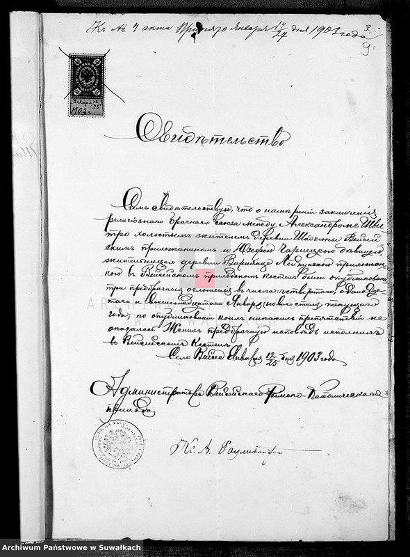 Obraz 8 z jednostki "Dokumenty Brakosočetavšichsja Lejpunskago Rimsko-Katoličeskago Prichoda za 1903 god"