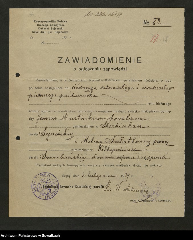 image.from.unit.number "Dokumenty do aktów zaślubionych Rzymsko Katolickiej parafji Smolanskiej za rok 1934"
