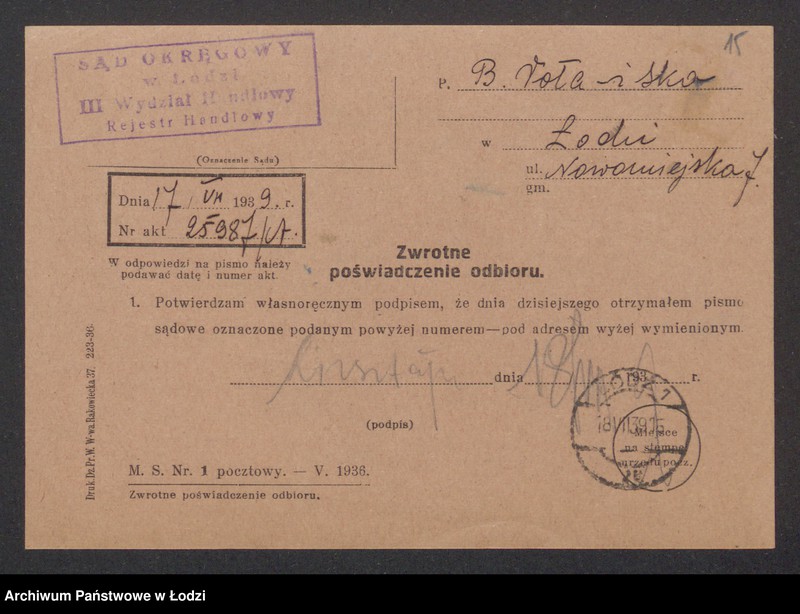 Obraz 17 z jednostki "Lajbuś Samsonowicz, dawid Coła, Bina Coła „B. Coła i s-ka” - sprzedaż manufaktury bawełnainej"