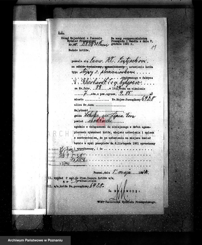 Obraz 15 z jednostki "Mleczarnia w Solcu pow chodzieski własność właściciel Piętyszek, kocioł nr fabryczny 88, nr woj. 6428"