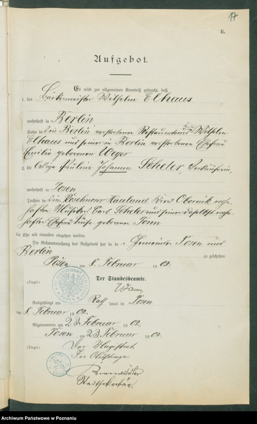 Obraz 19 z jednostki "[Dokumenty dostarczone przez narzeczonych do zawarcia związku małżeńskiego za 1902 rok. Tom IV]"