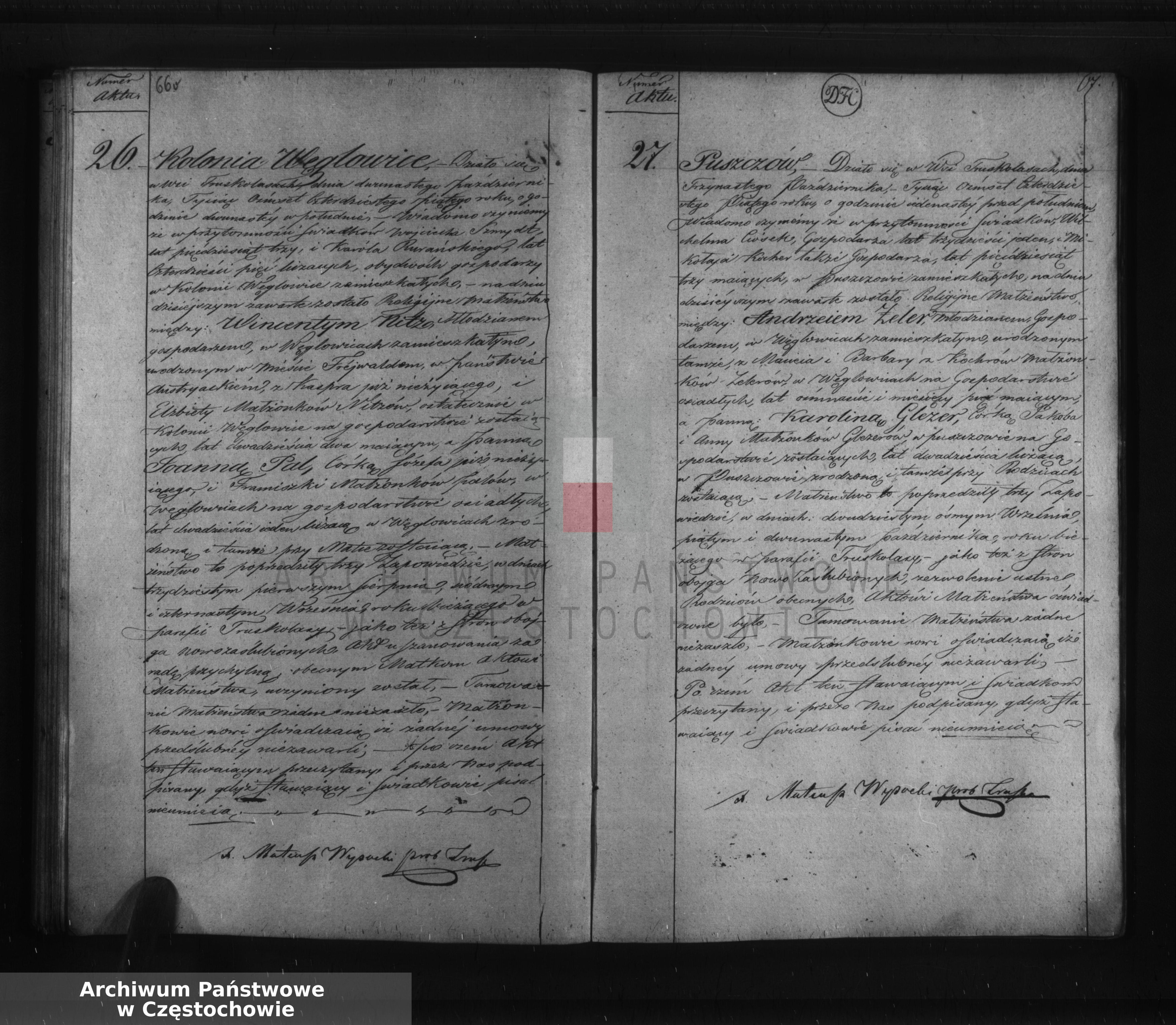 Skan z jednostki: Księga duplikat akt urodzenia, małżeństw, zejścia Parafii Truskolasy z roku 1845