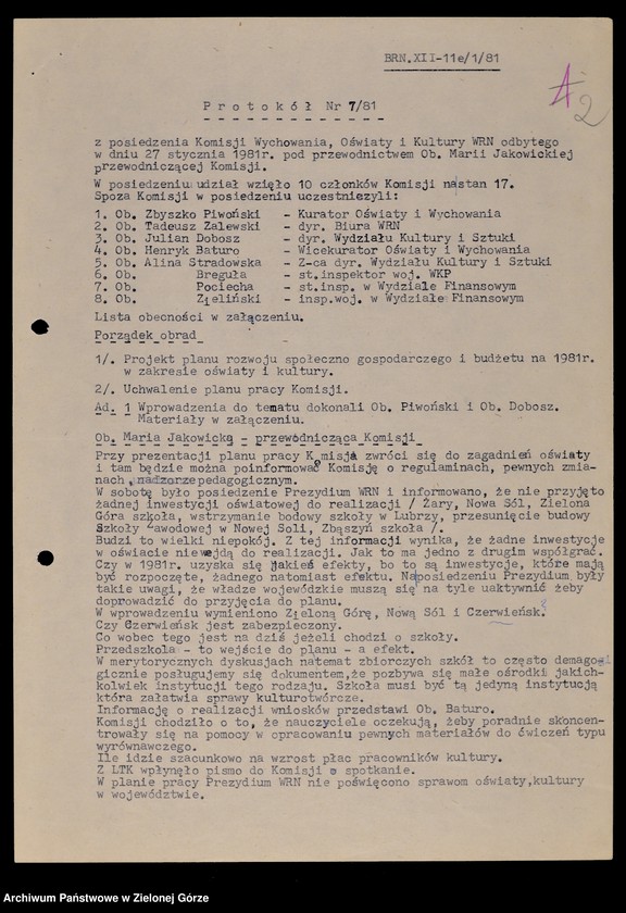 image.from.unit.number "Protokóły z posiedzeń Komisji Wychowania, Oświaty i Kultury Wojewódzkiej Rady Narodowej w Zielonej Górze; Nr 7 - 11"