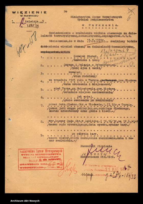 image.from.unit.number "Więzienie w Rawiczu - informacje o zwolnieniu osób skazanych za działalność komunistyczną. Kwestionariusze."