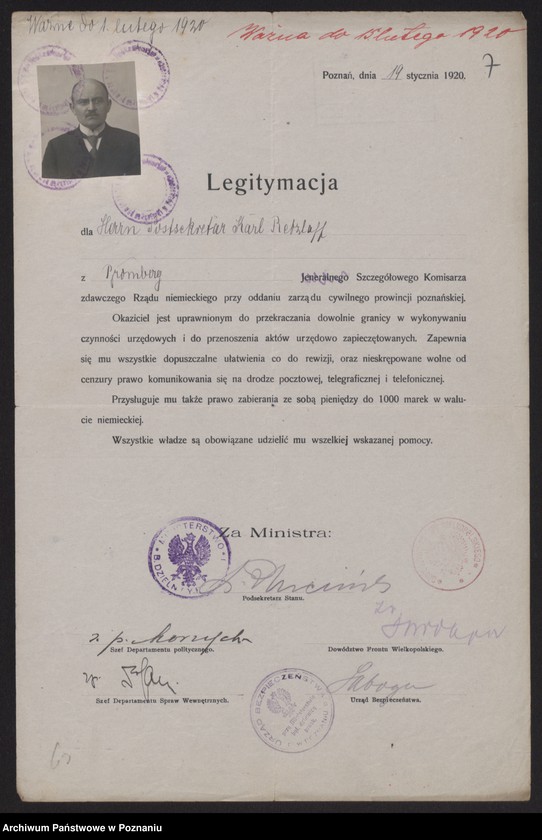 Obraz 9 z jednostki "[Egzemplarz legitymacji wydanych przez polskie władze komisarzom niemieckim dla oddania zarządu cywilnego prowincji poznańskiej]"
