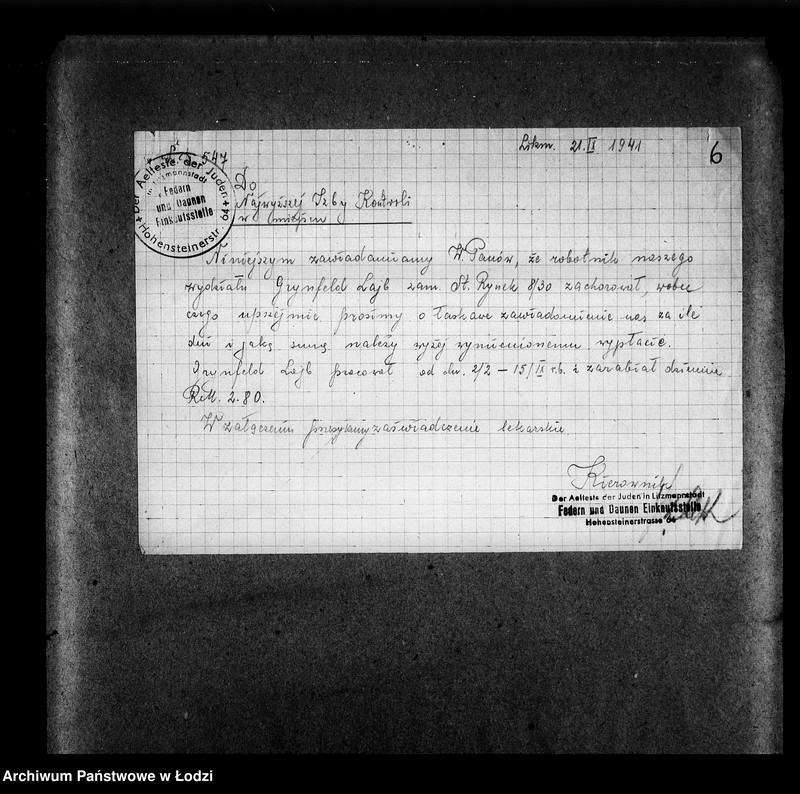 Obraz 6 z jednostki "Federn-und Daunen Abteilung [Zasiłki chorobowe dla pracowników wydziału, zaświadczenia lekarskie, listy pracowników]"