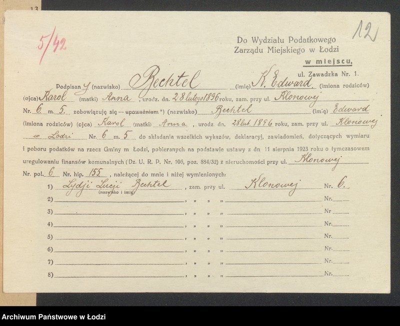 image.from.unit.number "Księga inwentarzowa nieruchomości m. Łodzi ul. Klonowa"