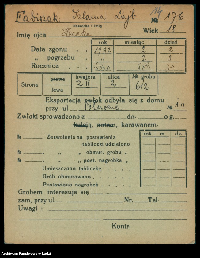 Obraz 15 z jednostki "Kartoteka osób pochowanych na cmentarzu żydowskim przy ulicy Brackiej w latach 1892-1958. Nazwiska na litery: Fa-Fä"