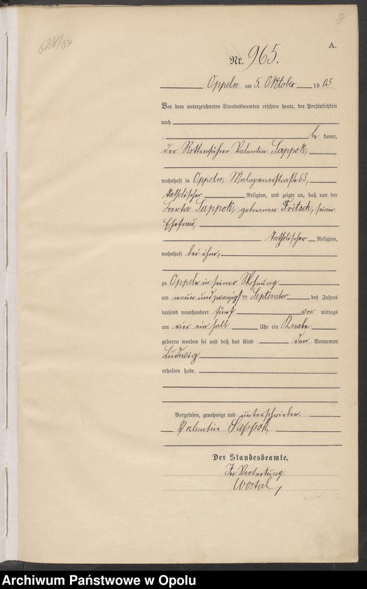 Obraz 13 z jednostki "Urząd Stanu Cywilnego w Opolu 1905 Rejestr Urodzeń miejscowa Nr 958 do 1287"