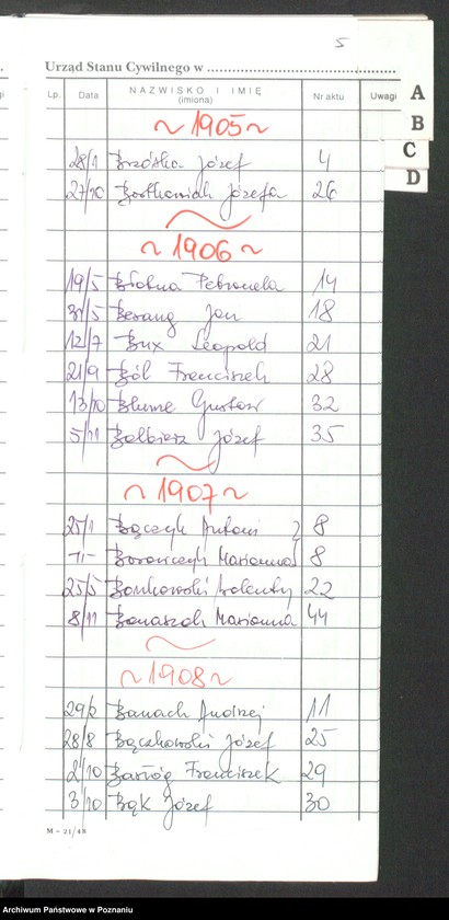 Obraz 6 z jednostki "[Skorowidz alfabetyczny do akt małżeństw i zgonów] za lata 1905-1912]"