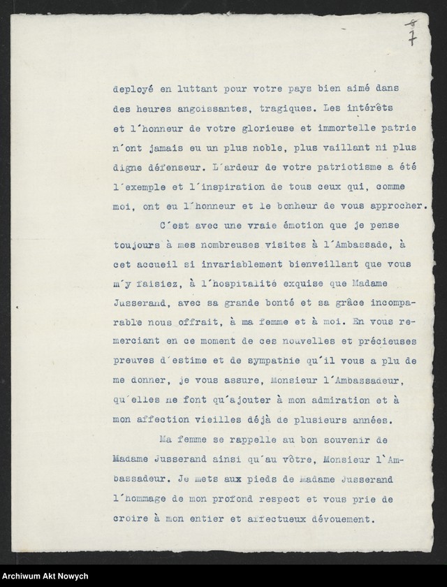 Obraz 9 z jednostki "Jusserand Jean Jules (historyk, dyplomata); Załączniki: charakterystyki i życiorysy F. E. Fronczaka, T. A. Starzyńskiego, J. F. Smulskiego, K. Żychlińskiego, N. L. Piotrowskiego; L.6 (odpowiedzi - maszynopisy)"