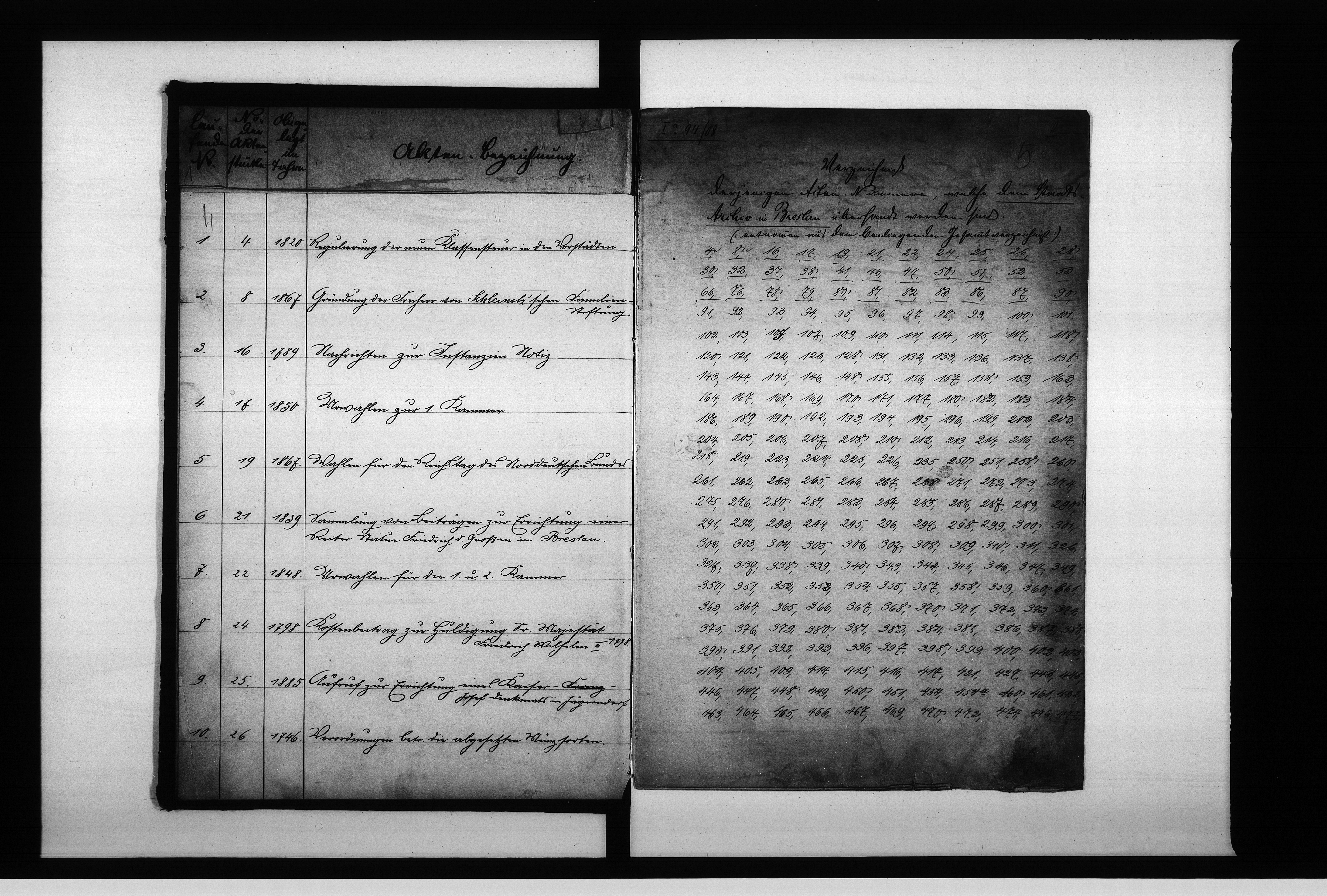 image.from.unit.number "Verzeichniss I über diejenigen Akten welche dem Staats Archiv Breslau übersandt worden sind"